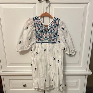 Pink Chicken White Dress with Blue and Pink Embroidery